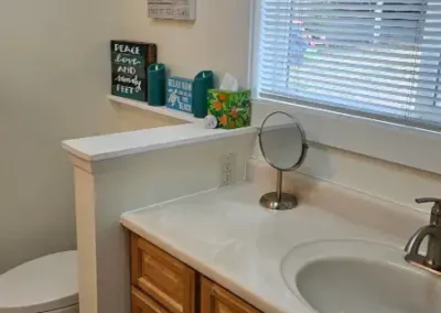 The fully stocked main bathroom has a large vanity, toilet, and tub with a shower.